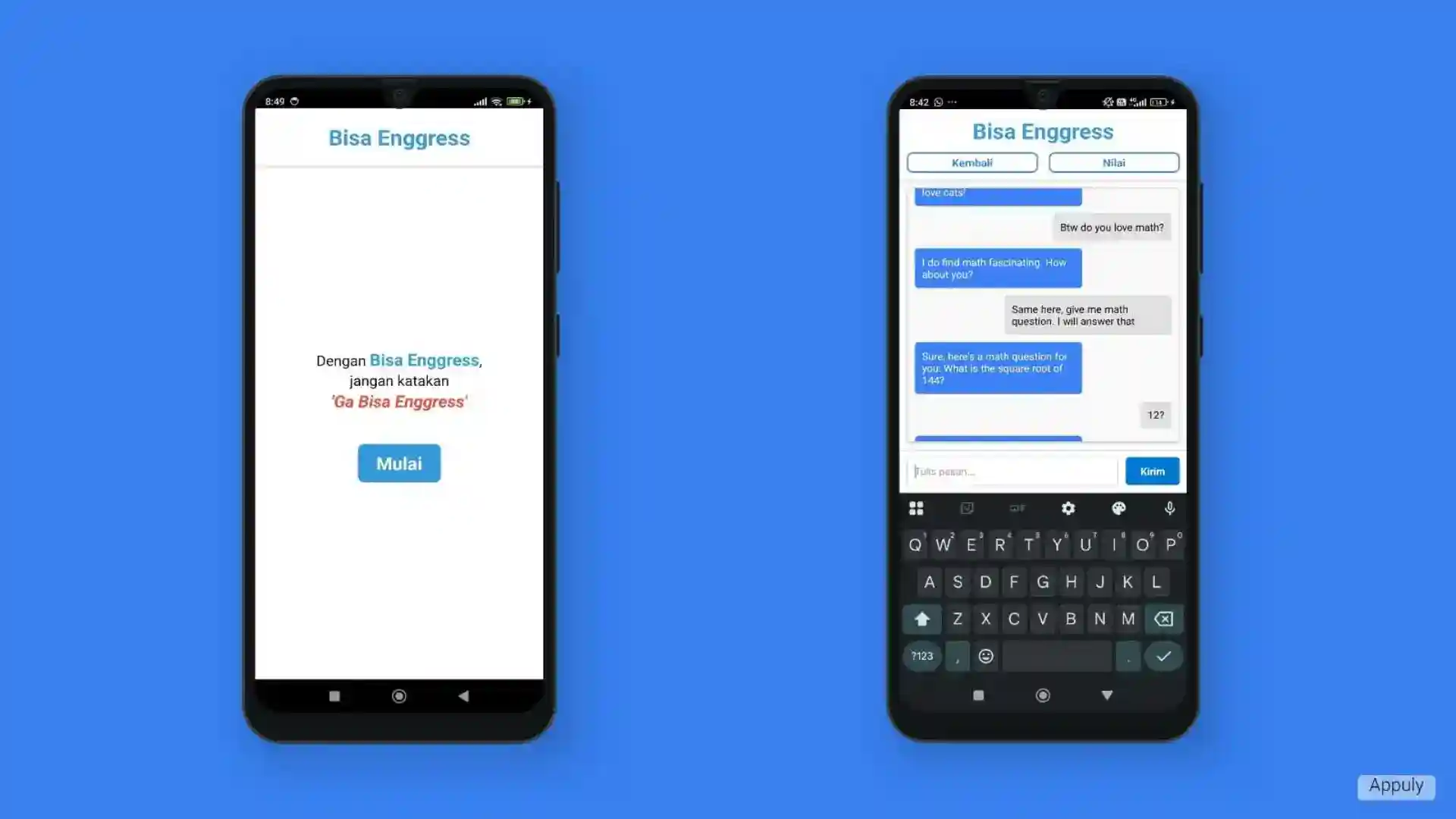 Two UI of Bisa Enggress on Android, hompage on the left and chatting with bot on the right