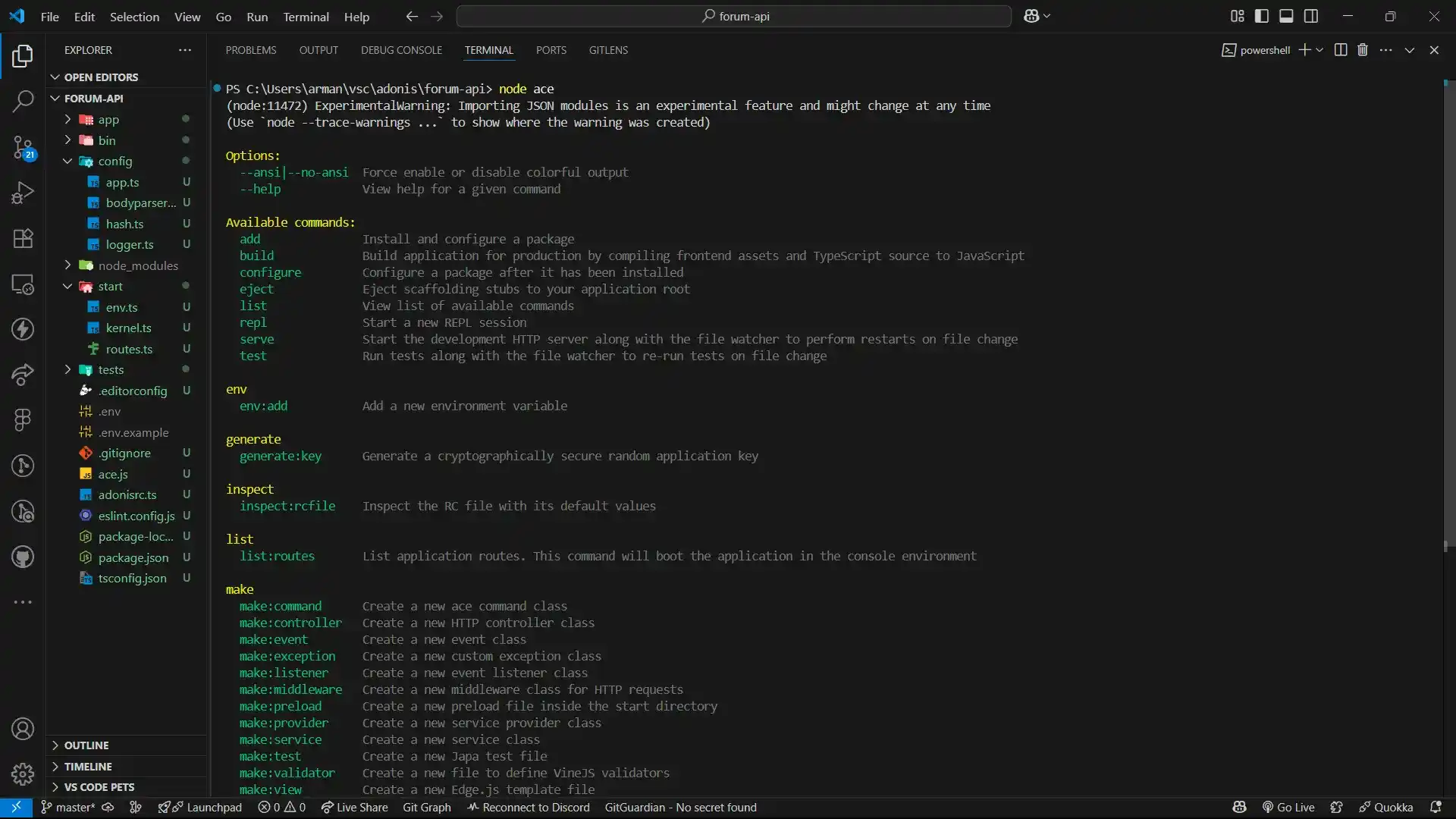Server CLI command 'node ace' look like on Visual Studio Code