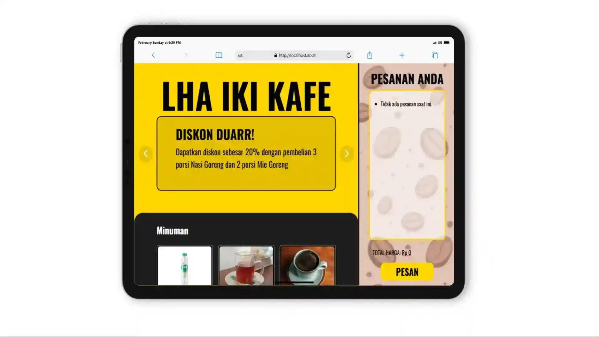 User interface of Self Service App in 'Lha Iki Kafe'