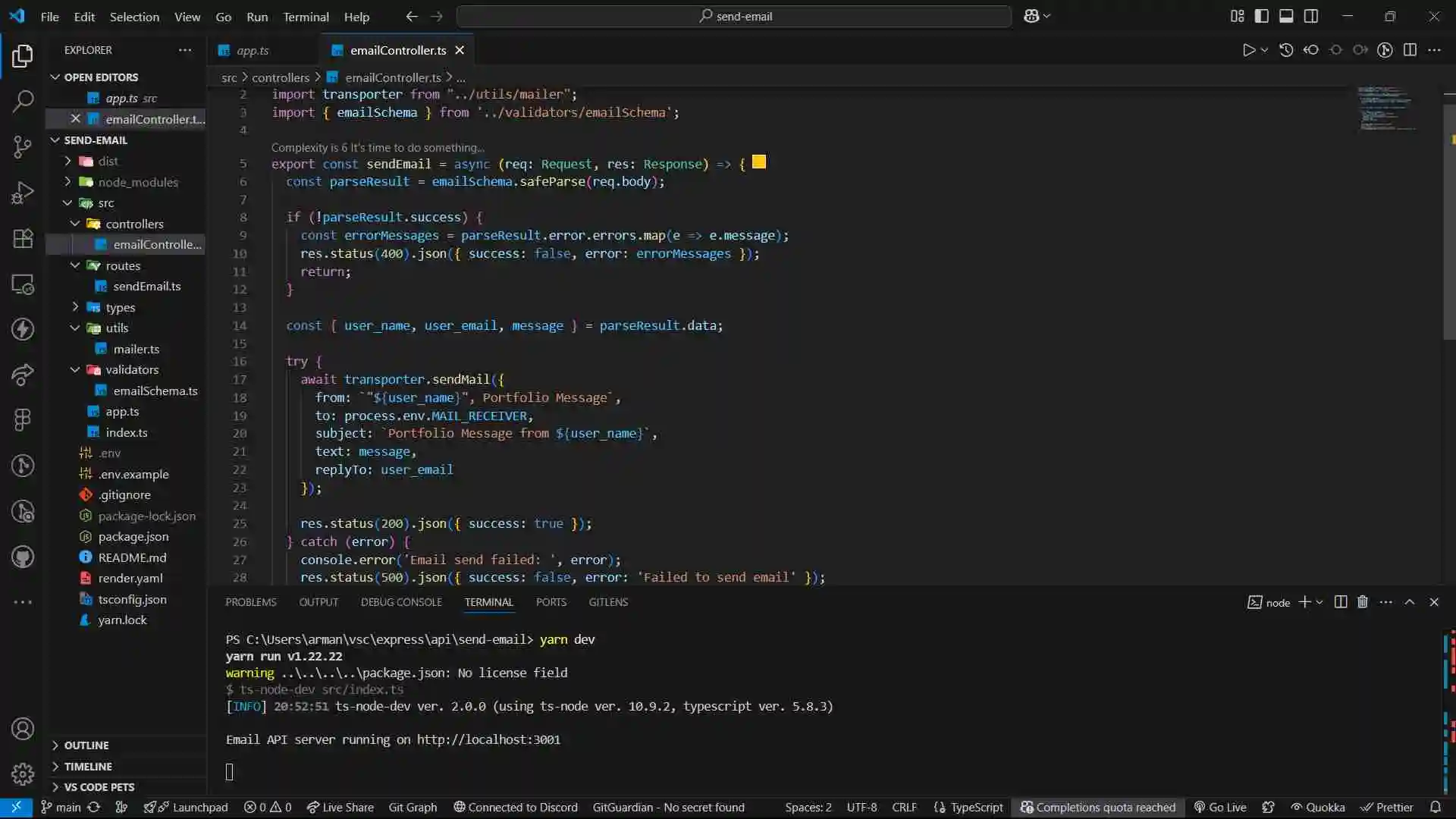 Server email api source code look like on Visual Studio Code